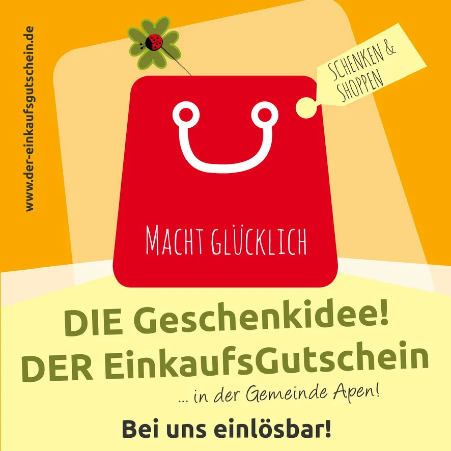 Eine Grafik einer lächelnden Einkaufstasche mit Text, der für eine Geschenkidee wirbt: DIE Geschenkidee! DER EinkaufsGutschein ...in der Gemeinde Apen! Bei uns einlösbar! und einem Schild mit der Aufschrift Schenken & Shoppen.