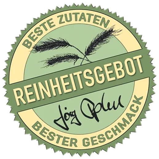 Ein kreisförmiges Siegel mit gezackten Rändern zeigt die Worte Beste Zutaten, Bester Geschmack und Reinheitsgebot in Fettdruck, mit zwei Getreidehalmen und einer stilisierten Unterschrift in der Mitte.