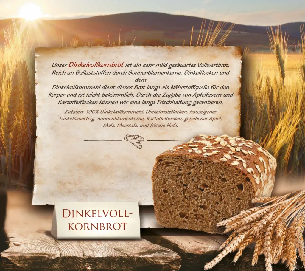 Eine rustikale Szene mit Weizen im Hintergrund, einem aufgeschnittenen Laib Mehrkornbrot mit Körnern und einer Infokarte, auf der "Dinkelvollkornbrot" zusammen mit den Zutaten auf Deutsch beschrieben ist.