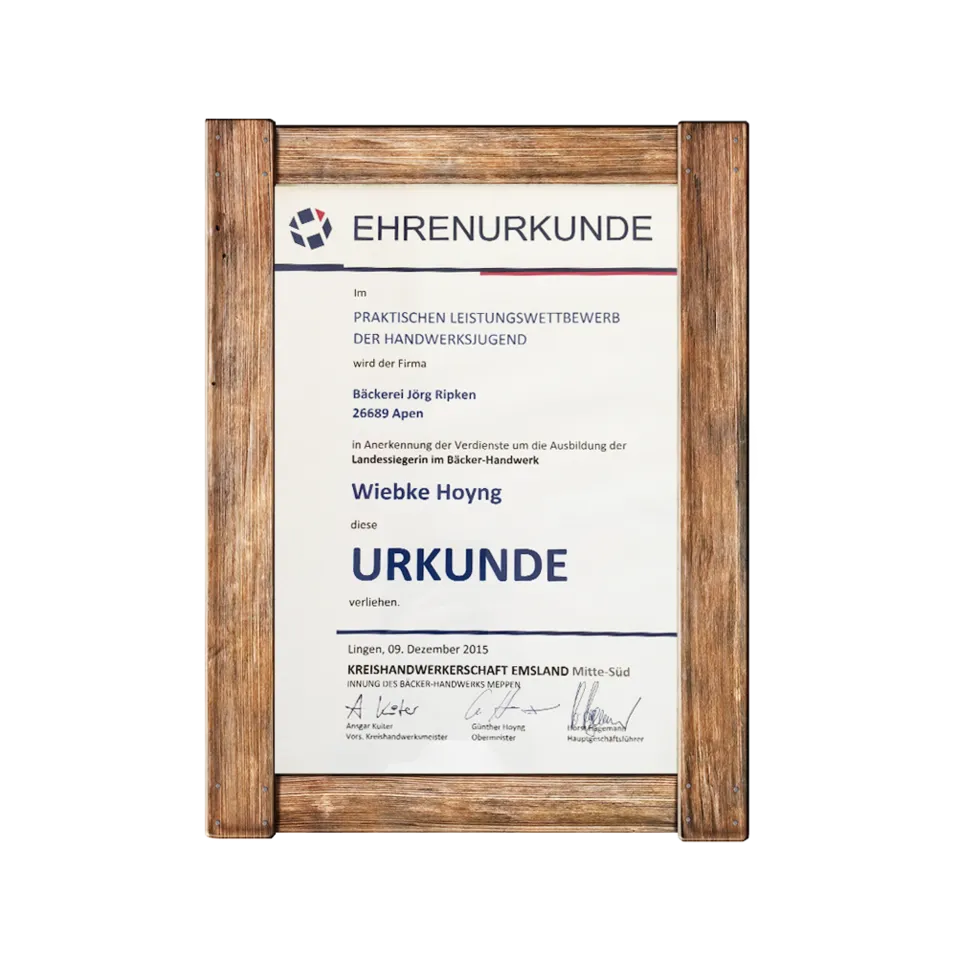 Eine gerahmte deutsche Urkunde mit dem Titel EHRENURKUNDE, die Wiebke Hoyng für hervorragende Leistungen in einem praktischen Wettbewerb verliehen wurde, datiert vom 9. Dezember 2015, mit offiziellen Stempeln und Unterschriften am unteren Rand.