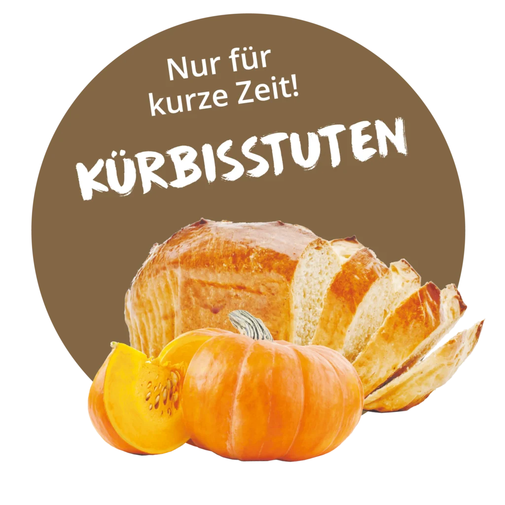 Eine runde braune Grafik mit dem Text Nur für kurze Zeit! KÜRBISSTUTEN über einem Laib aufgeschnittenem Kürbisbrot und zwei Kürbissen.