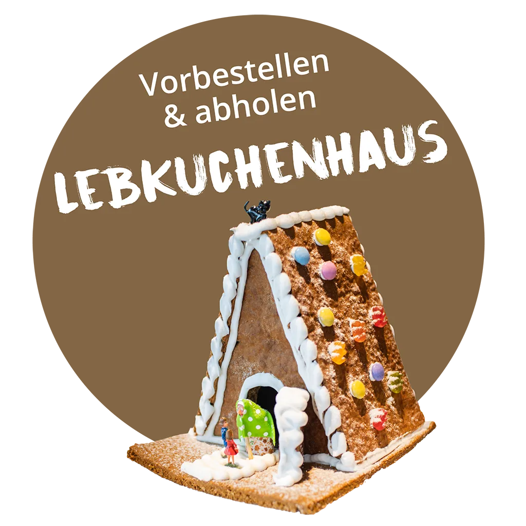 Vor einem braunen Kreis, über dem der deutsche Text „Vorbestellen & abholen Lebkuchenhaus“ steht, steht ein mit Bonbons und Zuckerguss verziertes Lebkuchenhaus.